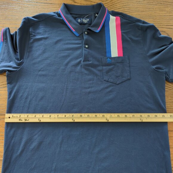 Penguin Mens Navy Polo Shirt XL Striped Collar Pocket Cotton Blend Classic Fit - Picture 10 of 14